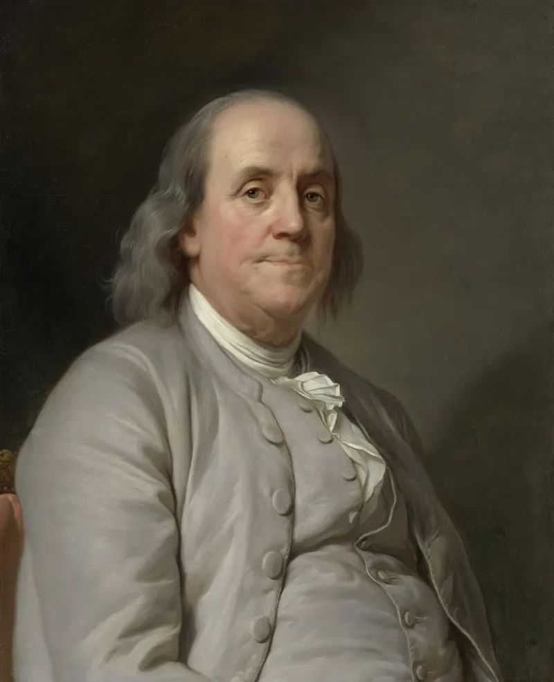 Benjamin Franklin. Joseph-Siffred Duplessis painted Franklin in Paris the year France allied with the young United States — the diplomat-scientist whose face became the face of American ingenuity abroad.