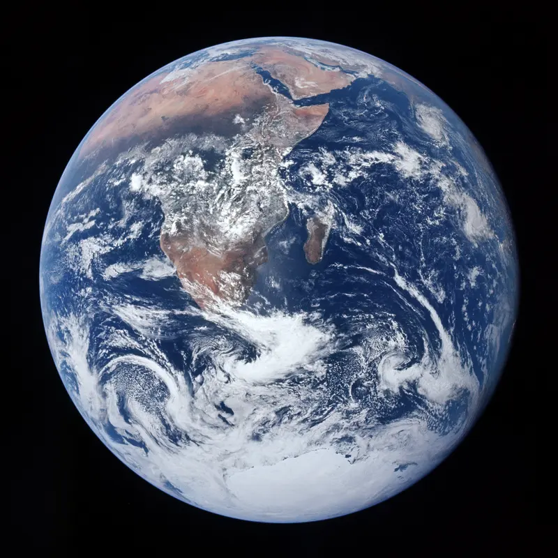 The Blue Marble. On the way to the Moon, the Apollo 17 crew takes the first photo of the whole, fully lit Earth.