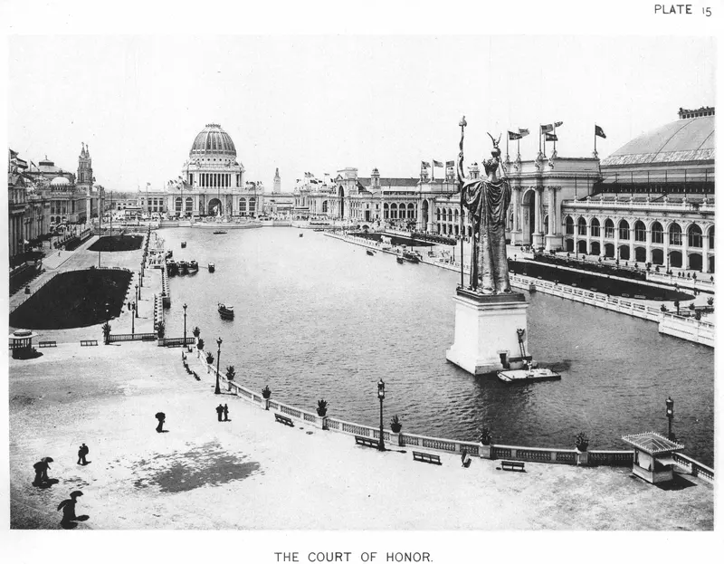 Chicago, 1893: The White City. The Court of Honor at the World's Columbian Exposition, the fair that introduced the Ferris wheel.