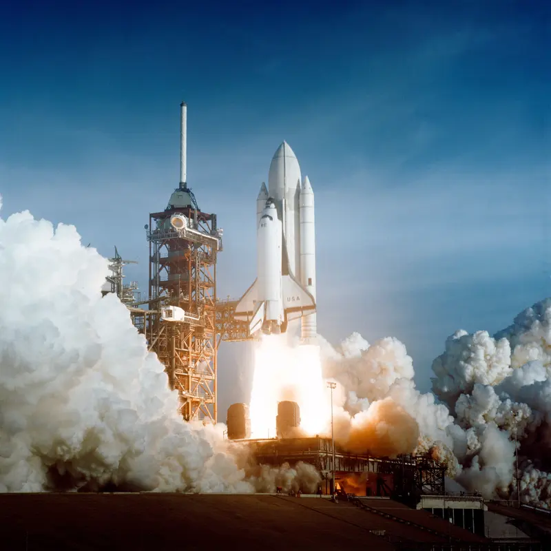 Columbia's First Launch. The first Space Shuttle, Columbia, launches with John Young and Bob Crippen, the first reusable spaceship.
