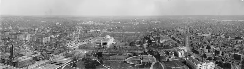 Washington, D.C., from the Monument. A sweeping panorama from the top of the Washington Monument down the Mall to the Capitol.