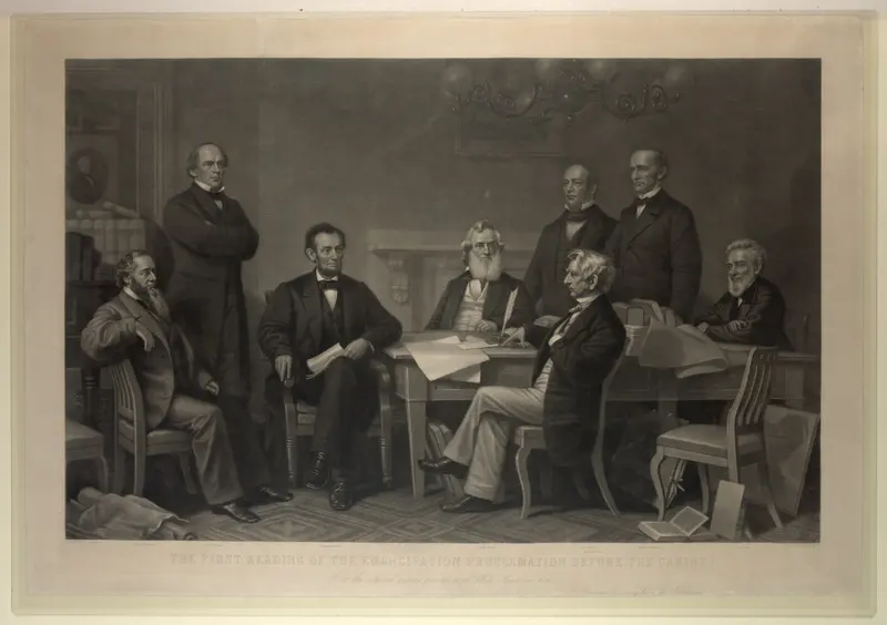 First Reading of the Emancipation Proclamation. A. H. Ritchie's 1866 engraving of F. B. Carpenter's painting: Lincoln reads the Proclamation to his Cabinet.