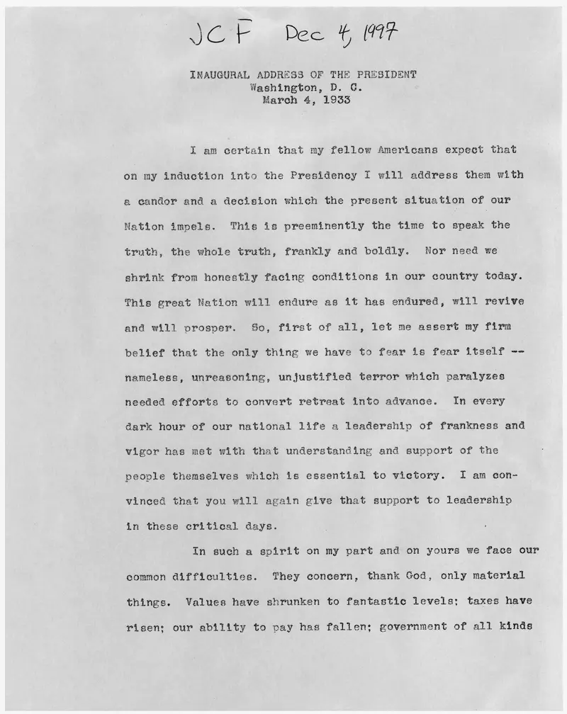 Nothing to Fear. Page one of the typed address from the National Archives: "the only thing we have to fear is fear itself." A document piece (no photo).