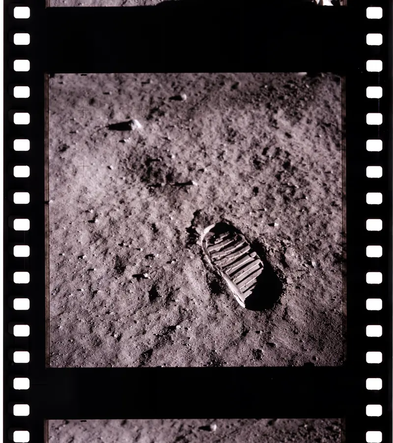 One Small Step: The Bootprint. Buzz Aldrin photographs his own bootprint in the lunar dust, a mark that will last for millions of years.