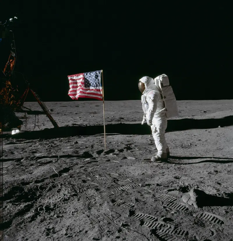 Old Glory on the Moon. Buzz Aldrin salutes the American flag he and Neil Armstrong planted at Tranquility Base.