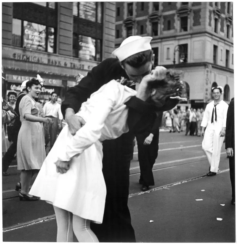Kissing the War Goodbye. Times Square erupts at the news that World War II is over; Navy photographer Victor Jorgensen catches the kiss.