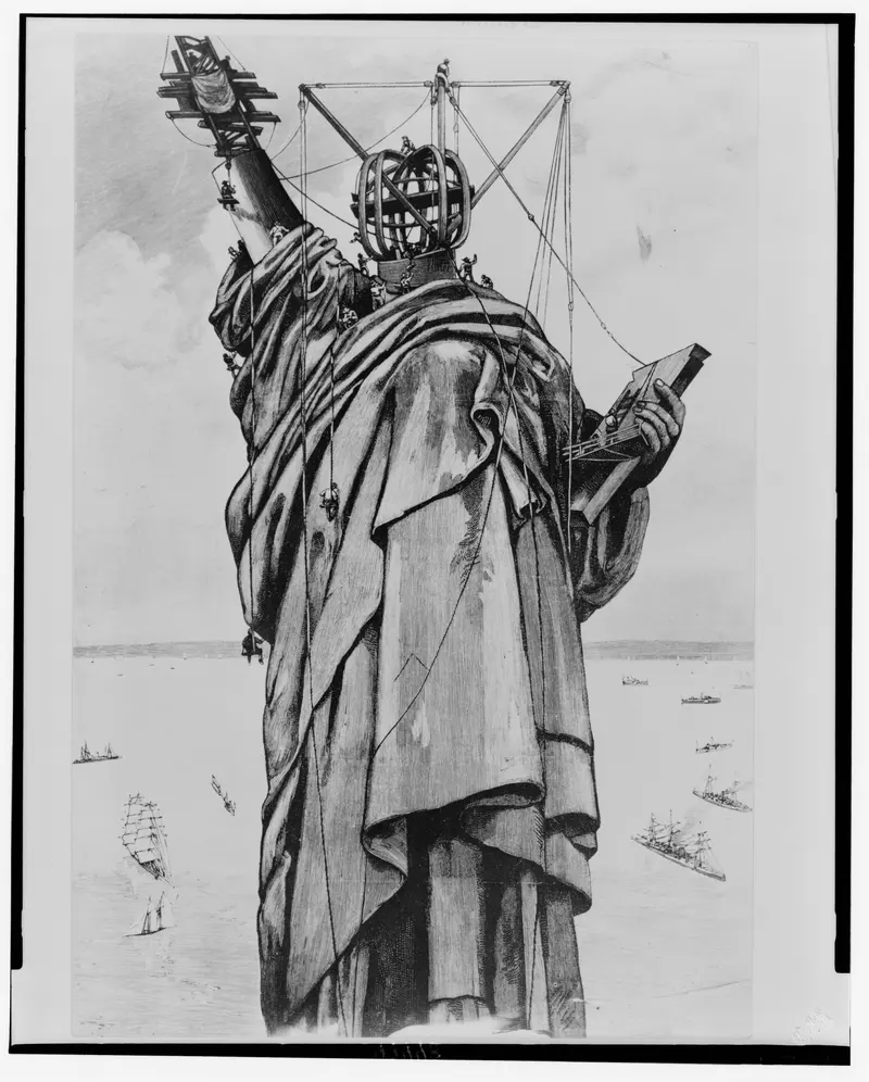 Liberty Rises on Bedloe's Island. The Statue of Liberty is put back together piece by piece in New York Harbor before its unveiling on Oct 28, 1886.