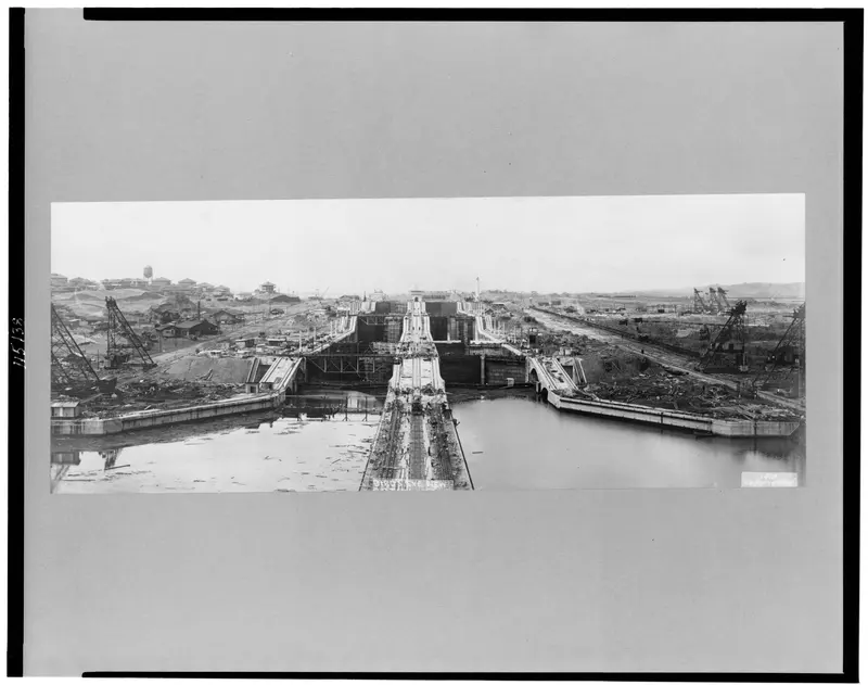 Building the Panama Canal. A bird's-eye view of the giant Gatun Locks, the year before the first ship crossed from the Atlantic to the Pacific in August 1914.