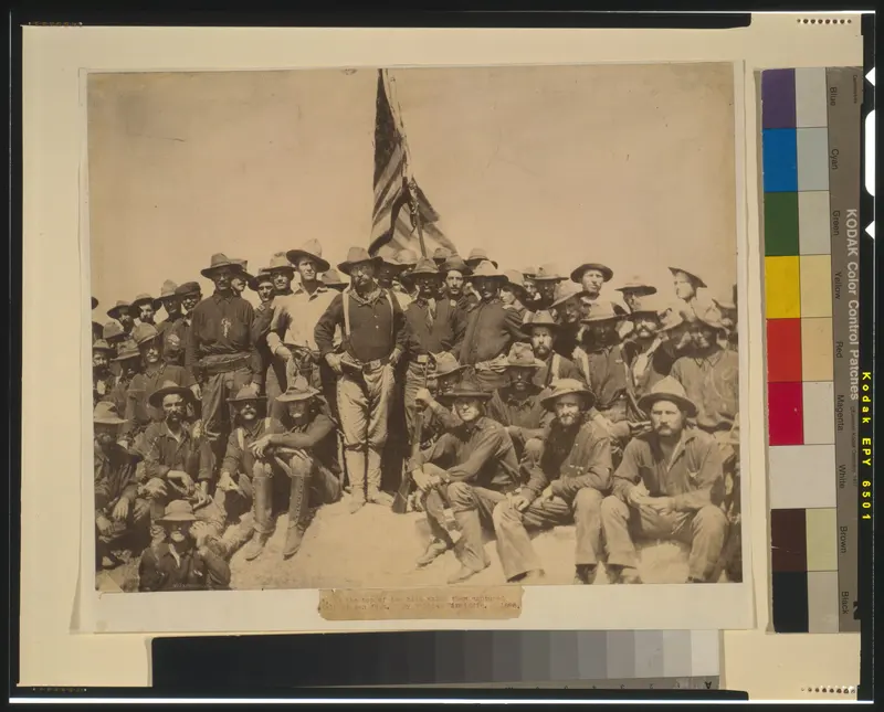 Roosevelt and the Rough Riders. Colonel Theodore Roosevelt and his Rough Riders on the hill they took at San Juan, Cuba.