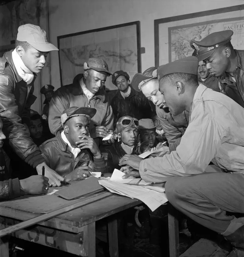 The Tuskegee Airmen. Pilots of the 332nd Fighter Group, the Red Tails, in Ramitelli, Italy.