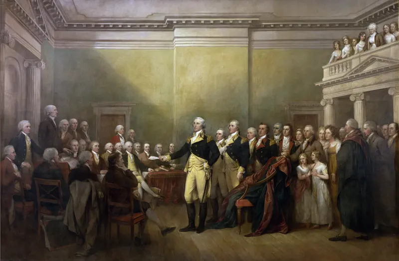 Washington Resigns His Commission. John Trumbull's Capitol Rotunda painting of the general handing power back to Congress, the moment a republic was secured.