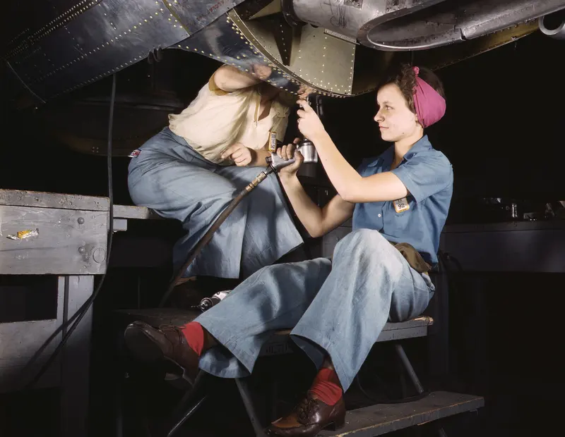 Women Who Built the Bombers. Alfred Palmer's color photo of women machining parts at Douglas Aircraft in Long Beach, California.