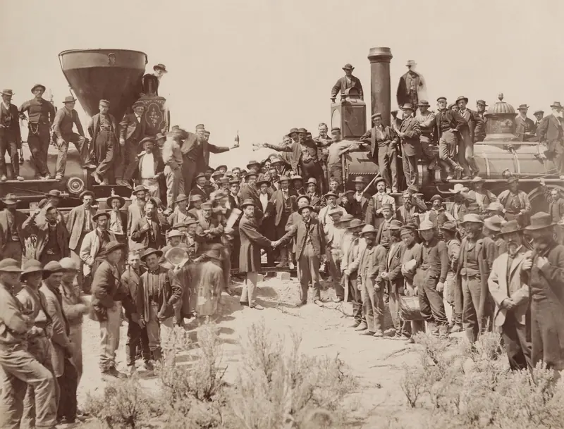 The golden spike ceremony at Promontory Summit, Utah Territory, May 10, 1869. Photograph by Andrew J. Russell.