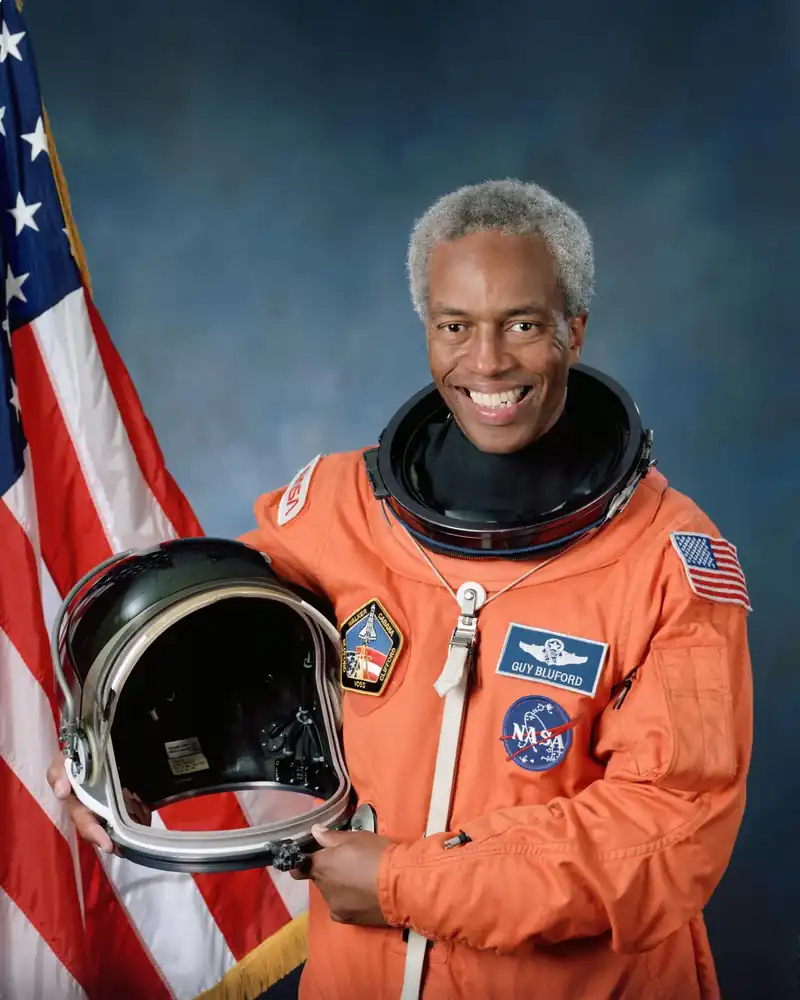 Guion Bluford, astronaut. Guion Bluford flew on STS-8 in August 1983, the first African American in space.