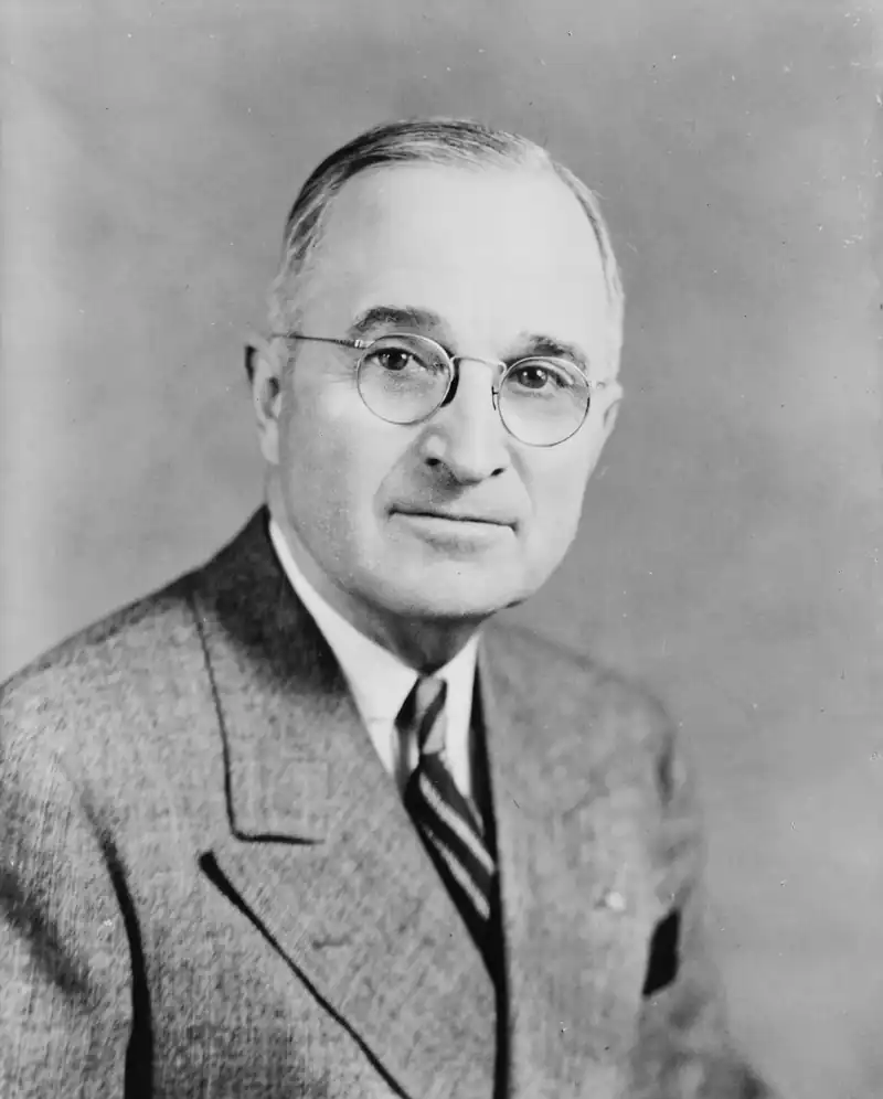 Harry S. Truman, president. Sworn in on April 12, 1945, after the death of Franklin D. Roosevelt. He left office on January 20, 1953.
