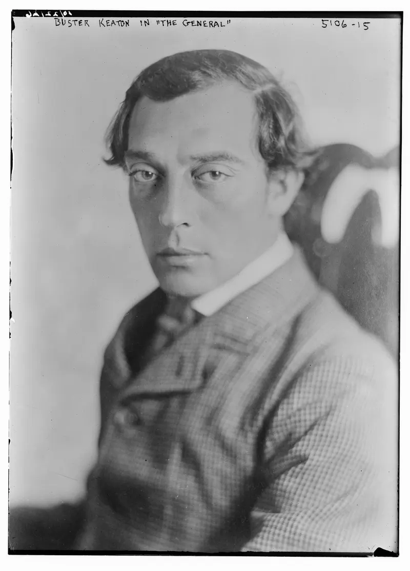 Buster Keaton, The General. Keaton did his own stunts, and for The General he sent a real locomotive through a burning bridge, the most expensive single shot of the silent era.