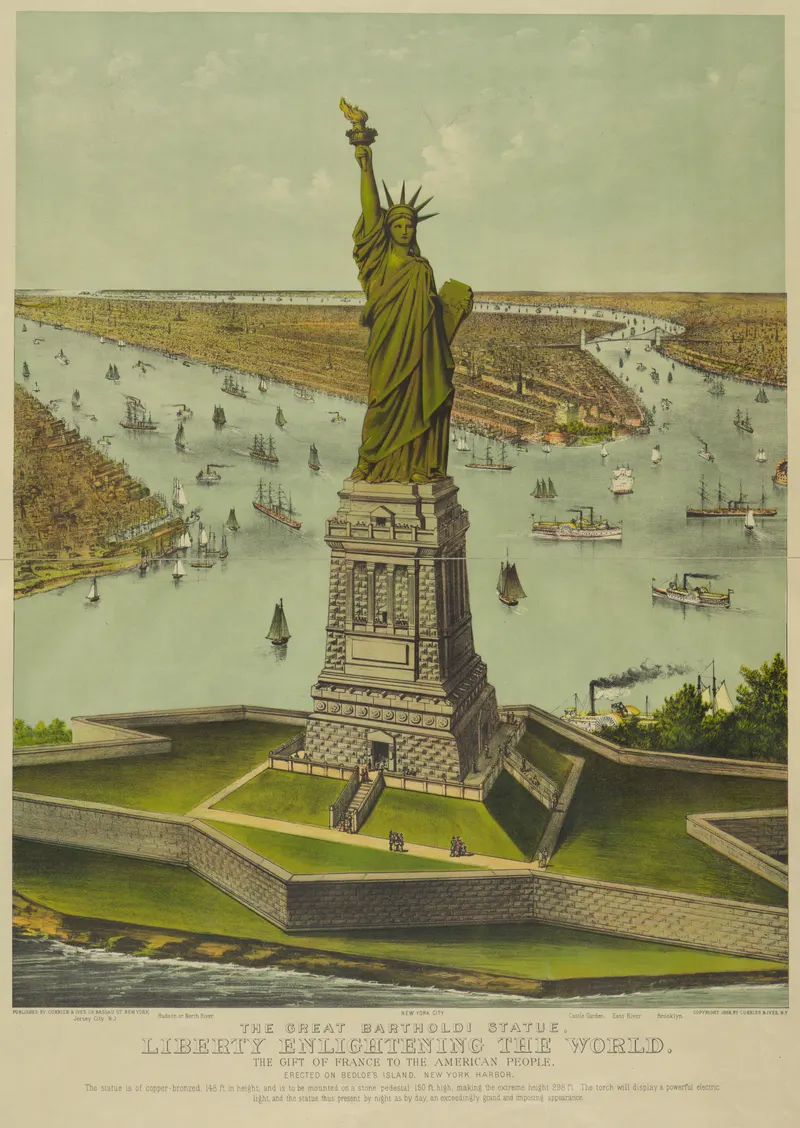 Liberty Enlightening the World, 1885 (Currier & Ives): The statue stands in New York Harbor, torch raised, ships below