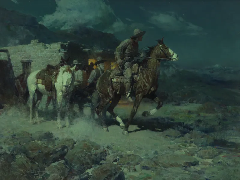 The Pony Express, Frank Tenney Johnson, 1924. The Pony Express lasted just 18 months (1860-61) before the telegraph killed it, yet it became one of the West's biggest legends.