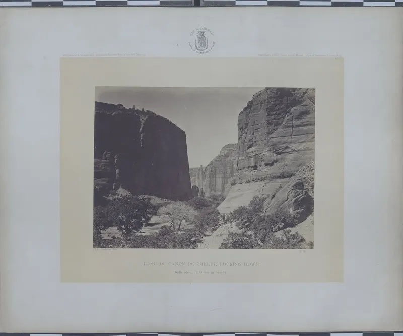 Head of Canyon de Chelly, Timothy O'Sullivan, 1873. Civil War photographer O'Sullivan joined the Wheeler survey and hauled a darkroom wagon into Diné (Navajo) country.