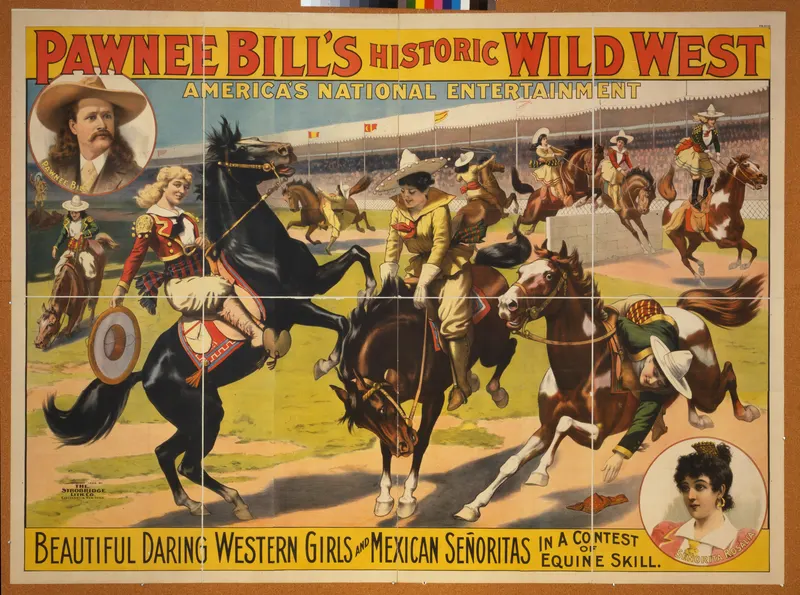Pawnee Bill's Western Girls, 1898. Pawnee Bill's wife May Lillie was a champion sharpshooter and rider, and the show billed its women riders as headliners.
