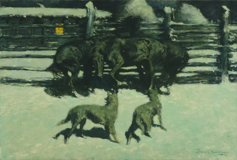 The Call for Help, Frederic Remington, c.1908. In his last years Remington taught himself to paint the night, working in moody greens and blues.