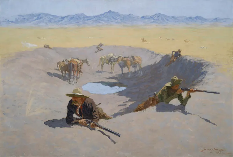 Fight for the Water Hole, Frederic Remington, 1903. Five cowboys hold a shrinking desert water hole against riders closing in, and the sunbaked palette makes you feel the thirst.