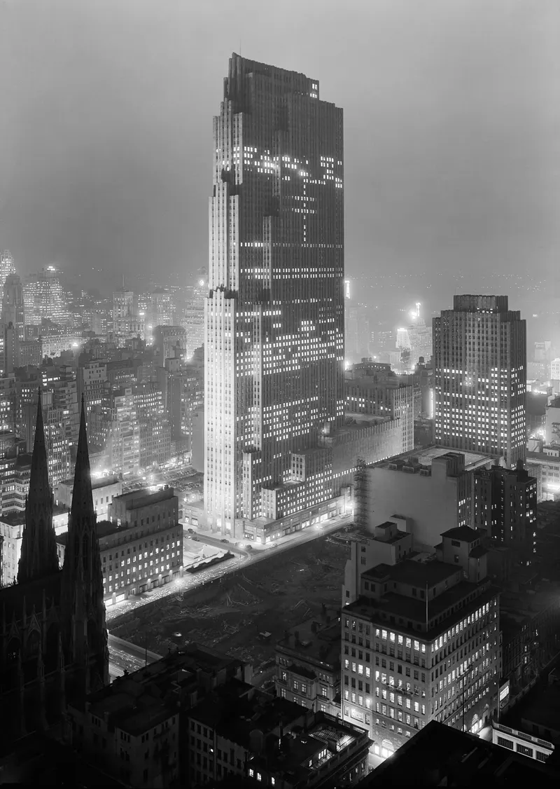 Rockefeller Center, December 1933. Built through the Depression, Rockefeller Center employed some 40,000 people when work was scarce; the first Christmas tree there was put up by construction workers in 1931.