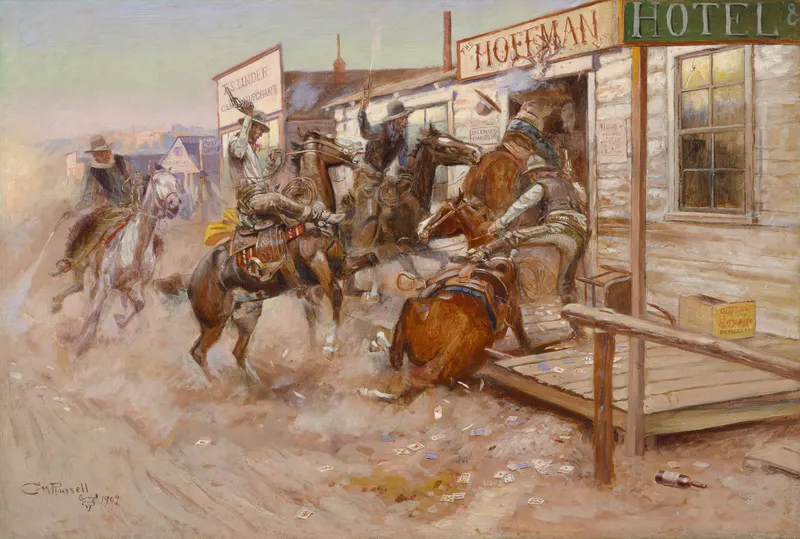 In Without Knocking, Charles M. Russell, 1909. Based on a real 1880s night in Stanford, Montana, when cowboys rode their horses straight into a saloon.