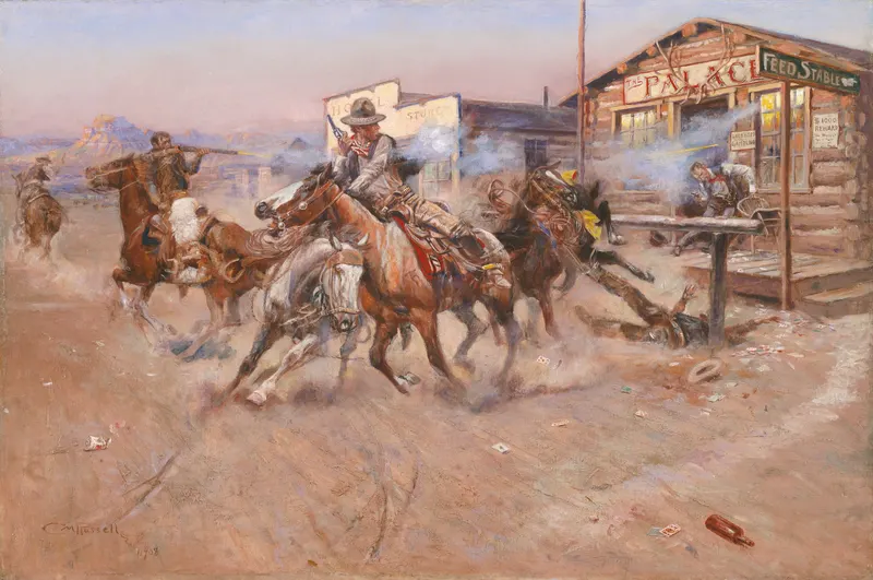 Smoke of a .45, Charles M. Russell, 1908. Russell spent 11 years as a working cowboy in Montana before he painted full time, and you can tell.