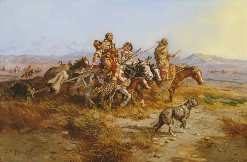 Moving Camp, Charles M. Russell, 1898. Russell lived among the Blood (Kainai) people in Canada in 1888 and painted daily camp life from memory.