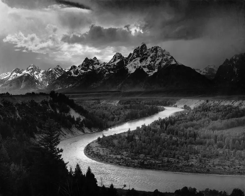 The Tetons and the Snake River, Ansel Adams 1942. Adams made this for the Interior Department's Mural Project, a government commission for murals that was cancelled by WWII.