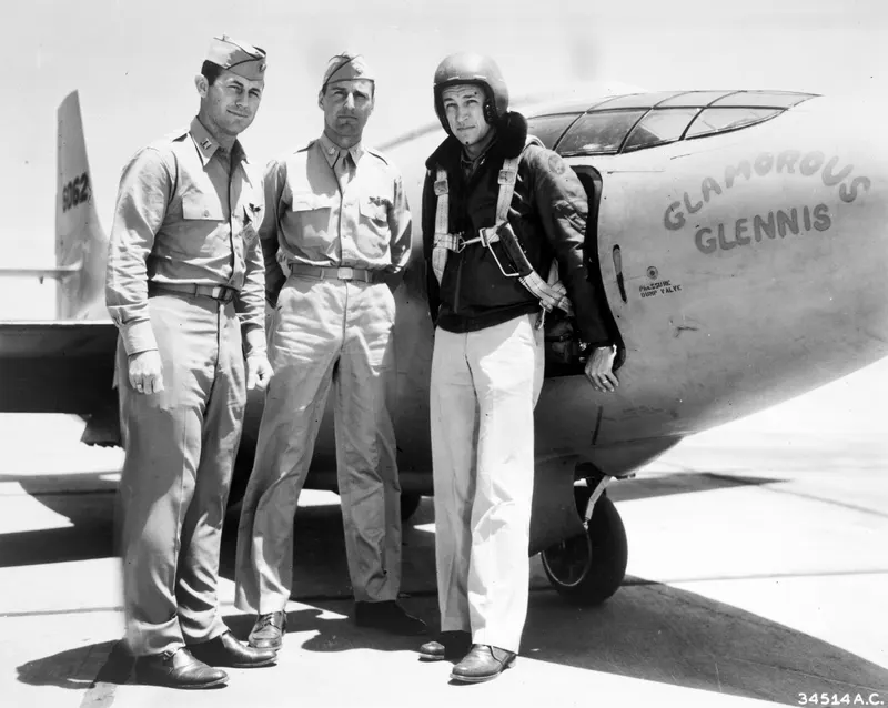 Chuck Yeager and the X-1 Team. Yeager broke the sound barrier in 1947 with two cracked ribs from a horseback riding fall, which he hid from flight surgeons.